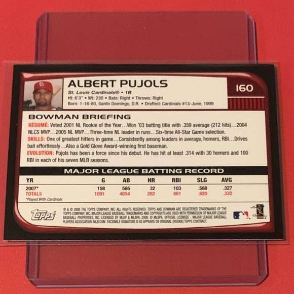 Albert Pujols #160 2008 Bowman Baseball Trading Card - Picture 2 of 2